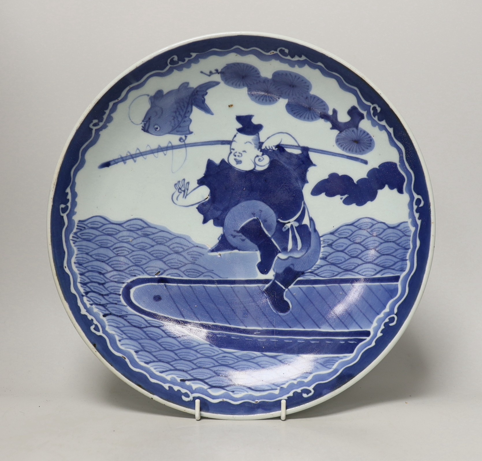 Two Japanese blue and white dishes, late Edo period, 33cm diameter, one with apocryphal Chenghua mark
